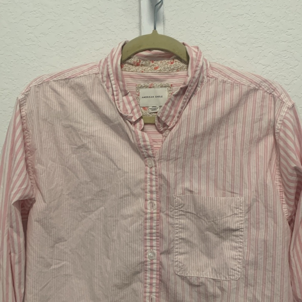 American Eagle Pink Patchwork Striped Cropped Long Sleeve Button Down Shirt - Picture 3 of 9